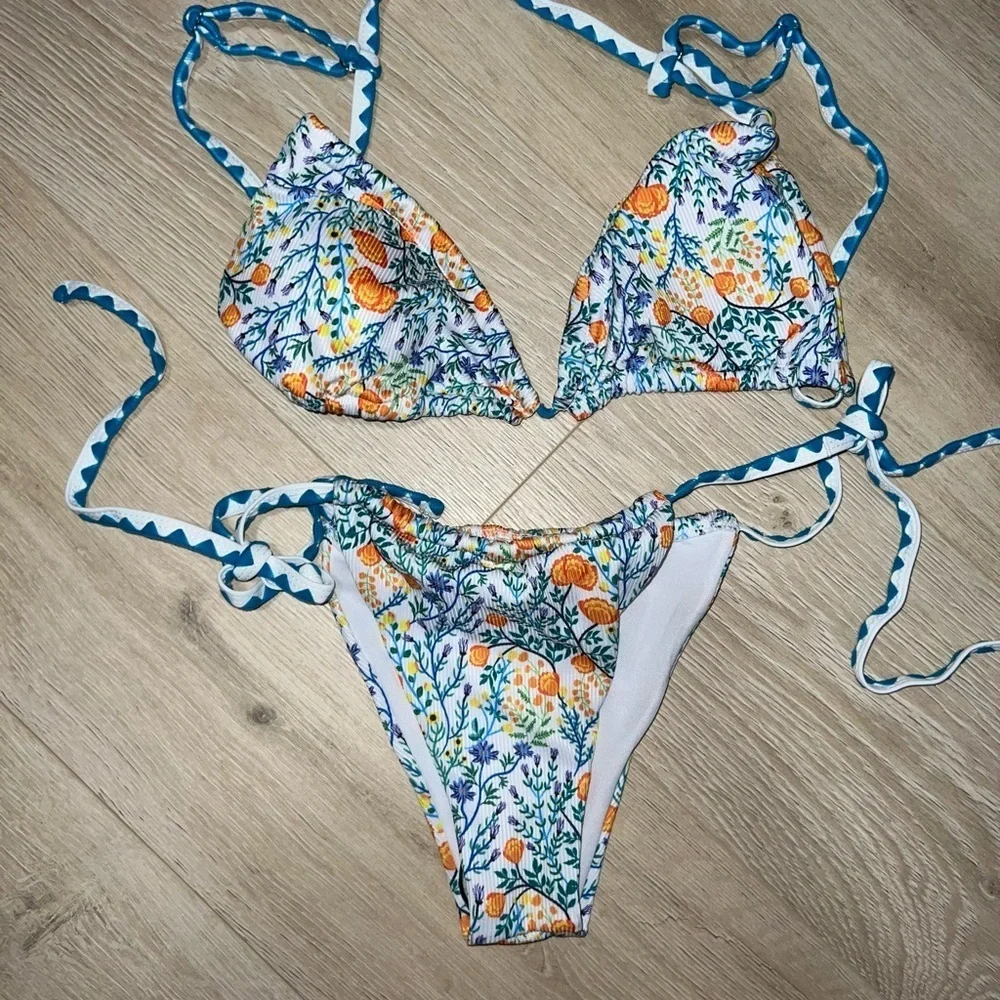 NWT SHEIN blue white and orange 2 piece bikini small - Picture 3 of 6